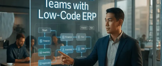 A visual of an empowered business team using a low-code ERP workflow editor, with drag-and-drop features displayed on an intuitive dashboard.