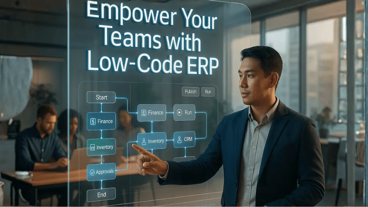 A visual of an empowered business team using a low-code ERP workflow editor, with drag-and-drop features displayed on an intuitive dashboard.